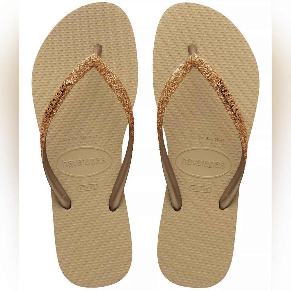 Havaianas Women's Slim Glitter Flip Flops - Tan/Gold Size 37 (8)